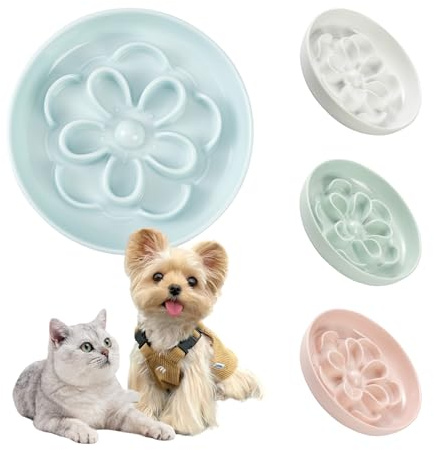 Gamelle Anti Glouton Chat en Mélamine - Petit Bol avec Labyrinthe Fleur pour Chaton - Alimentation Lente, Antidérapante, Anti-Vomissements - Compatible Lave-Vaisselle - Bleu