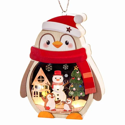 Weihnachtsdeko Pinguin aus Holz, 15cm Weihnachtsbeleuchtung LED Dekoleuchte, Holz Pinguin Weihnachten Deko mit Beleuchtung für Tisch, Fenster oder zum Aufhängen Weihnachtsschmuck