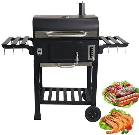 Tragbarer BBQ Grill mit verstellbarem Tablett & Thermometer, Edelstahlgriff & Schornstein für Kochen im Freien, Picknicks, Strand