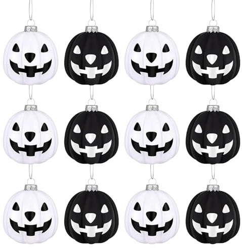 12er Halloween Deko Kürbis Kugeln, 5cm Schwarz Weiße Kürbis Baumdekorationen Halloween Kürbis Deko Hängend Kunststoff Helloween Baum Kugeln Anhänger Für Home Outdoor Garten