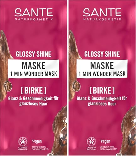 SANTE Naturkosmetik Glossy Shine 1 Min Wonder Mask, Tiefenpflege für glanzloses Haar mit Bio-Birkenblattextrakt & 3-Fach Protein Komplex, für 3x mehr Glanz & Geschmeidigkeit, vegan, 20ml
