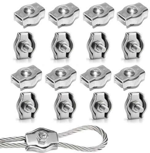 Rshuhx M4 16pcs Wire Rope Clip Clamp 304 Stainless Steel Cable Clip Wire Rope Cable Clamp for Rigging Ropes and Tension Cable Garden Tensioning Awning Fixed Clothesline Tensioner