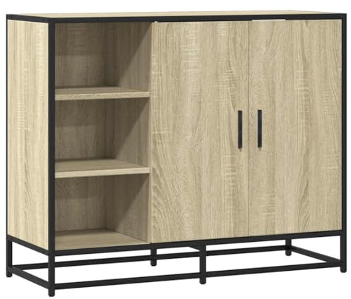 Mhdvray Sideboard 92 x 35 x 76 cm Sonoma-Eiche Holzwerkstoff mit Metallgestell Modernes Highboard mit 2 Türen Kleiner Stauraumschrank für Wohnzimmer Flur und Küche