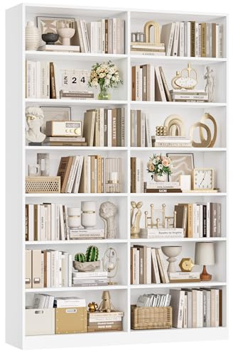 FirFurd Bücherregal 212 cm hoch Bücherschrank mit 14 Fächern weiß | Regal groß, Standregal doppelreihig, Vitrinenschrank, Aufbewahrungsregal für Wohnzimmer Arbeitszimmer Küche, 116x28,5x212 cm
