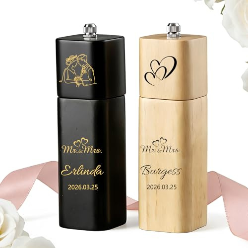 Personalisiertes Salz und Pfeffermühle Holz Set mit Text Name | Personalisierte Hochzeitsgeschenke für Hölzerne Hochzeit Geschenk Einzug Polterabend
