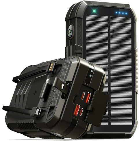 Solar Powerbank 70000mAh: PD 30W USB C Powerbank Schnellladen mit 2 Kabel, 6 Ausgänge 4 Eingänge, 15W Kabelloses Laden, Handkurbel, LED Leuchtanzeigen, Taschenlampe, Externe Handy-Akkus für Outdoor