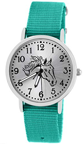 Pacific Time Mädchen Armbanduhr Uhr Pferd Pferdemotiv analog Quarz mit Textilarmband türkis 10405
