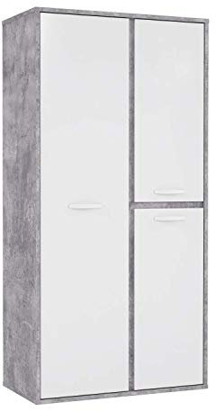 FORTE CANMORE Schrank 100 200, Kleiderschrank Industrial, Drehtürenschrank, 3-türig Einlegeböden und Kleiderstange, Weiß Hochglanz / Betonoptik LichtGrau, 99.5 cm breit x 201.5 cm hoch x 52 cm tief