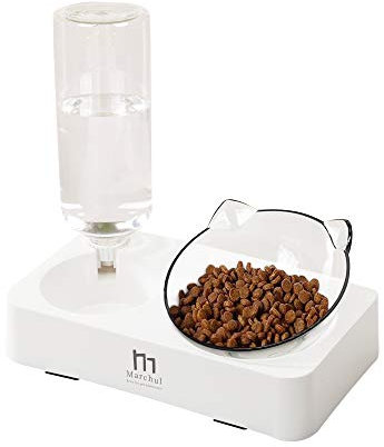 Marchul Cat Bowls, Cat Food and Water Bowl, Cat Food Bowl with Gravity Water Bottle, Tilted Raised Feeding Bowls for Cat and Small Dog