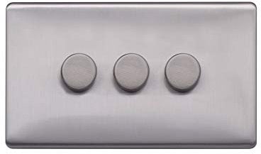 Lieber Brushed Chrome 250W 3 Gang 2 Way Intelligent Trailing Dimmer - White Insert Screwless