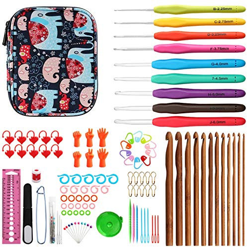 Xinyanmy 111er Set All-in-One Häkelset Zubehör Kit Häkeln mit Tragbar Tasche, Ergonomische Griffe Stricken Nadeln mit Weichen Plastikgriff Bambusnadeln Strickwerkzeuge für Anfänger und Profis