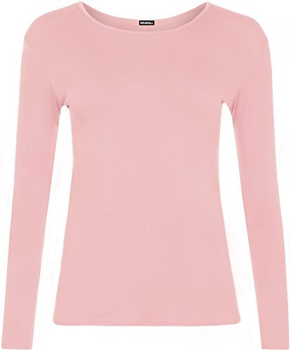 T-shirt à manches longues extensible uni pour femme Grandes tailles 44 46 58, rose, 40-42