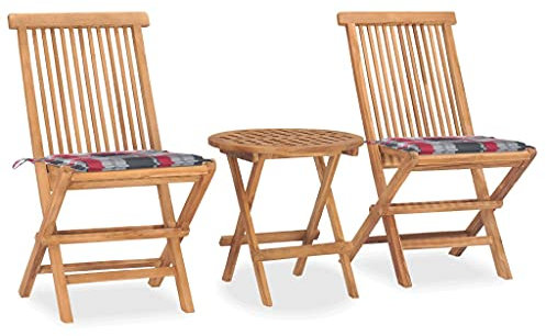 vidaXL Teak Massiv Gartenmöbel 3-TLG. mit Kissen Klappbar Bistroset Balkonset Gartengarnitur Tisch Stühle Sitzgruppe Gartenset Balkonmöbel