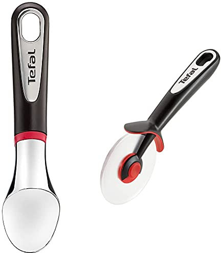 Tefal K2072214 Ingenio Cuillère glace Aluminium Chromé & K2071114 Ingenio Découpe-Pizza à lame tritan lavable facilement ustensile de cuisine noir et rouge résistant sans bisphénol A