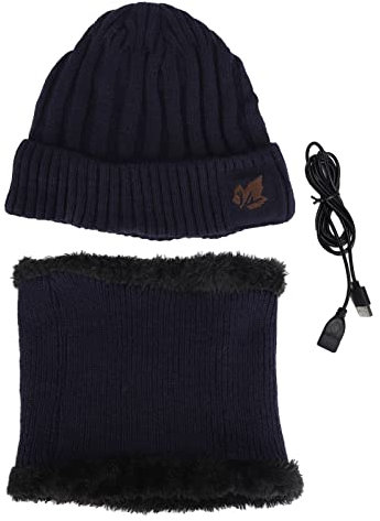 Electric Heated Beanie Hat with Bib for Winter Skiing - Neck Warmer for Men & Women (Navy Blue)