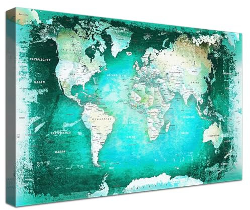 LANA KK - Luxus Pinnwand Weltkarte - Türkis - Deutsch - in 150 x 100 cm, stabile Rückwand zum Pinnen inkl. Starterkit - Leinwand-Kunstdruck Wandbild Landkarte XXL
