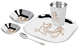 Garden Of Arts Ensemble repas en acier inoxydable résistant avec impression laser pour enfants - 2 bols carrés, 1 cuillère en verre, 1 assiette - Idéal pour les bébés