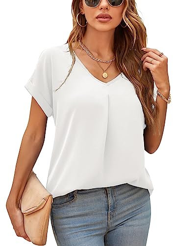 Yommay Damen Bluse Sommer Elegant V-Ausschnitt Tunika Shirt Oberteil Flowy Kurze Ärmel Chiffon Tops,Weiß,2XL