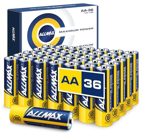 Batterie Alcaline AA MIGNON (LR6) Allmax Maximum Power (36 pezzi): Durata ultra-lunga, conservazione per 10 anni, tenuta stagna, compatibili con i dispositivi(1,5 Volt)