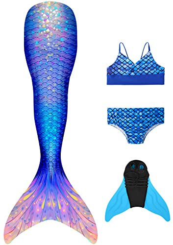 FOLOEO Meerjungfrauenflosse Mädchen Meerjungfrau Flosse für Kinder mit Bikini Set und Monoflosse, 4 Stück Set