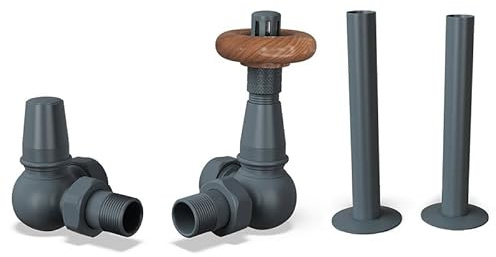 UK Radiators Anthracite Thermostatic Radiator Valves and Corner Lockshield Valve - Matt Anthracite Finish - Traditional Design 1/2 x 15mm Corner Radiator Valves with 130mm Pipe Sleeves