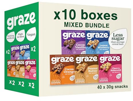 Graze Snacks-Selection box-Total 10 Snack Box, Lunchbox snacks, Vegan snacks - Packaging may vary - 40x30g of at least 45% less sugar than average Cereal bars