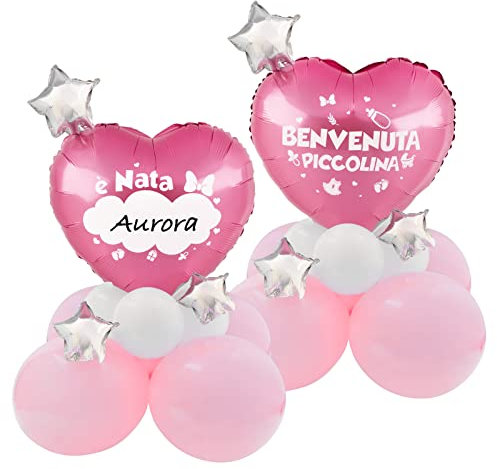 Palloncini Centrotavolo Nascita Battesimo Bambina Scritta Benvenuta Piccolina Rosa Doppia Faccia Scrivibile Decorazione Tavolo Festa Bomboniere Confetti Nascita Baby Shower