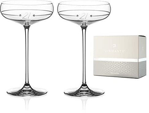 DIAMANTE Swarovski 21st Birthday Ring Champagne Saucers Pair – Crystal Cocktail Coupe Glasses with Hand Etched 21 and Swarovski Crystals – Gift Boxed Set of 2