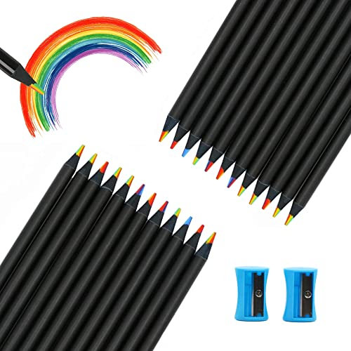 Regenbogenstift, 24 Stücke Regenbogen Bleistifte mit 2 Anspitzer, Buntstifte Erwachsene, Farbstifte Set für Kunst Zeichnung Färbung Skizzieren