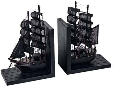 Retro-Buchstützen, schwarz-weiße Buchstützen, Kinderbuchstopper, Holz-Bücherregal, Dekor, Segelboot-Buchhalter, Regale, Heimdekoration (Color : Black)
