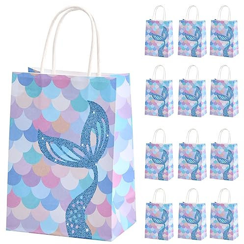 Nivofu 12 Stück Geschenktüten Bunt, Meerjungfrau Party Taschen, Papiertüten aus Kraftpapier mit Henkel, Gastgeschenke Tüten, Mitgebseltüten, Geschenktüten für Geburtstag - 15 * 8 * 21 cm
