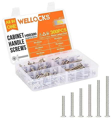 WELLOCKS Schrankgriffe Schrauben | M4 25–50 mm Maschinenschrauben Sortiment | Flachscheibenkopf Kreuzschlitzschrauben Set aus Metall | für Schrank Schublade Knöpfe (HSD300) | Silber | 300 Stück