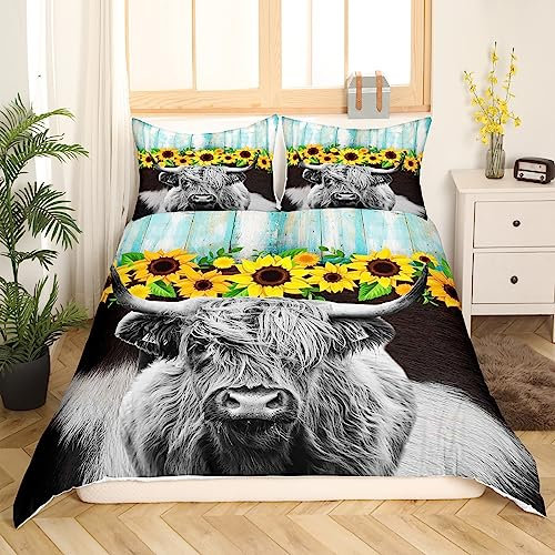 Hochland Kuh Blume Bettwäsche Set Rustikale Farmstyle Tröster Bezug 155x220,Gelbe Sonnenblumen Bettbezug Schwarz Grau Kuh Bettwäsche Western Farm Wild Tier Hochland Rinder Bettwäsche