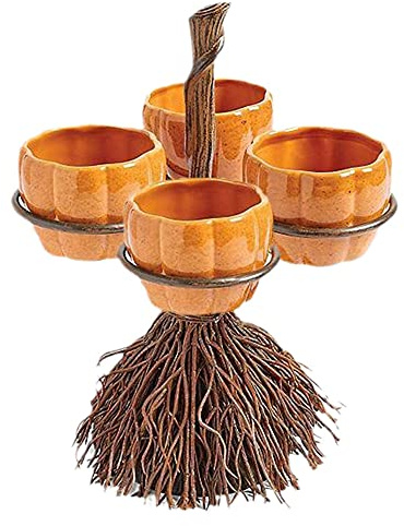 PUZAME Cute Halloween Resin Pumpkin Bowls on Witch’s Broom for Serving Fruit Salad Snacks Dessert, Halloween Party Supplies Tabletop Trays Halloween Pumpkin Snack Bowl Stand Decorations, 4 Bowls