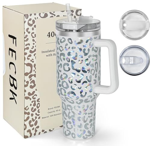FECBK 40oz Tumbler with Straw and Lid 1.2L, 100% Leak-Proof Travel Mug with Handle, Stainless Steel Vacuum Insulated Water Bottle Keeps Cold for 34H / Hot 12H, Dishwasher Safe, White Leopard