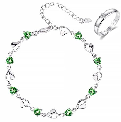 Armband Silber 925 Damen, Armband Damen Silber 925 Armband Damen 925 Liebesherz Armband, Armband Silber 925 Verstellbares mit 1 Ring für Damen, Armkette Damen Silber 925 für Frauen und Mädchen(Grüner)