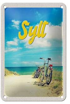 FEMER Blechschild Reise 12x18cm Sylt Strand Meer Sand Sommer Fahrrad Schild