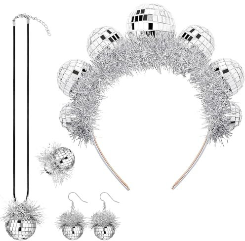 4pcs Discokugel Haarreif,Discokugel KostüM,Disco Ohrringe,Discokugel Ohrringe,70er Jahre Disco Party ZubehöR Damenbekleidung Disco Ball Ohrringe, Kopfbedeckungen Und Ringe Party Gadgets(4PCS)