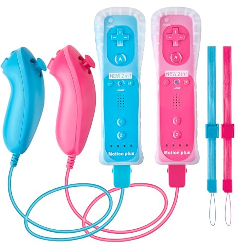 NC Motion Plus - Controladores Wii Nunchakus, compatibles con consola Wii y Wii U, con funda de silicona y correa de muñeca, mandos a distancia Wii con movimiento Plus integrado. (rosa + azul)