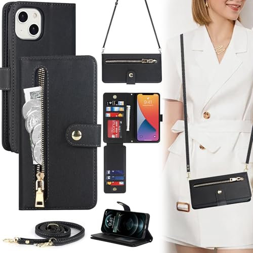 ELTEKER Handyhülle für iPhone 14 Hülle mit Band, Klapphülle mit dem Verstellbaren Umhängeband Kartenfach Reißverschlusstasche - Schwarz