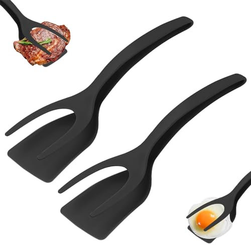 MARUKO 2Pcs Egg Spatula Flipper, 2 in 1 Spatula Tong Egg Spatula, Grip and Flip Spatula Tongs, Plastic Spatula for Cooking, Grip Flip Turner Spatula for Fish Egg Burger Pancake (Black)