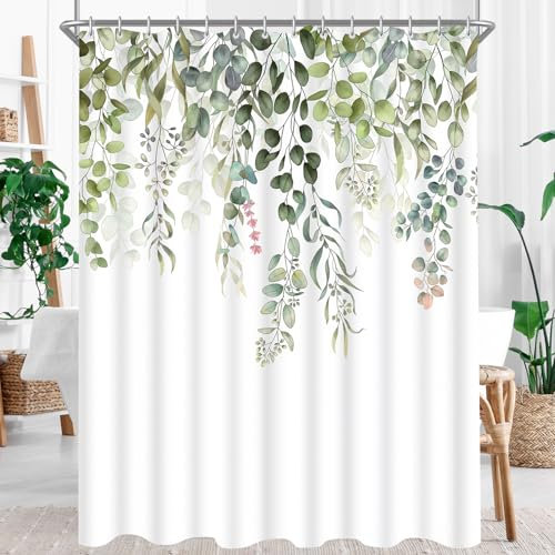 Lerores Duschvorhang 200x160cm, Grün Blätter Antischimmel Textil, Beschwerter Saum Wasserabweisend, Waschbar Polyester Stoff Badevorhänge mit Ösen und 12 Duschvorhangringe für Badezimmer, Badewanne