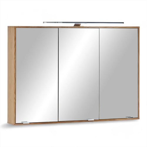 CAMINO Spiegelschrank Bad mit LED-Beleuchtung in Eiche Optik - Badezimmerspiegel Schrank mit viel Stauraum - 100 x 70 x 15 cm (B/H/T)