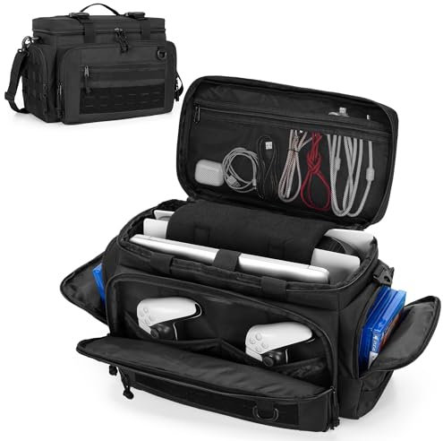 PGmoon Tragetasche Kompatible mit PS5/PS5Pro/PS4/Xbox, Taktische Tasche für PS5 Controller, Konsole Reisetasche mit verschiedenen Fächern für 15,6 Zoll Laptops, Controller, Discs (Patentiertes Design)