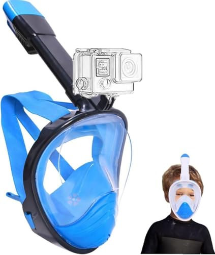 Wsobue Tauchmaske für Kinder,Vollmaske Schnorchelmaske 180° Sichtfeld mit Sportkameras Kompatible, Leichtes Atmen Trocken Schnorchelset für Kinder im Alter 5-14 (Schwarzblau XS für Kinder)