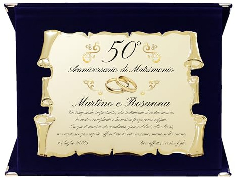 Regalo Anniversario Personalizzato | Targa Anniversario di Matrimonio | Regalo per nozze d'oro, d'argento, rubino, diamante | Cofanetto con Targa a Pergamena