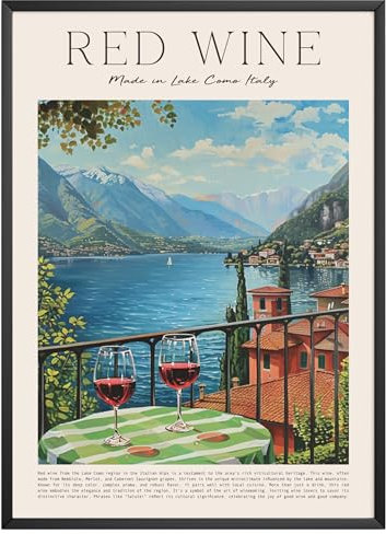 MJ-GRAPHICS® Rotwein Poster A3 - Küchenbild Deko für Wohnzimmer und Küche - Retro Wein Wandbild Lake Como - Ohne Rahmen