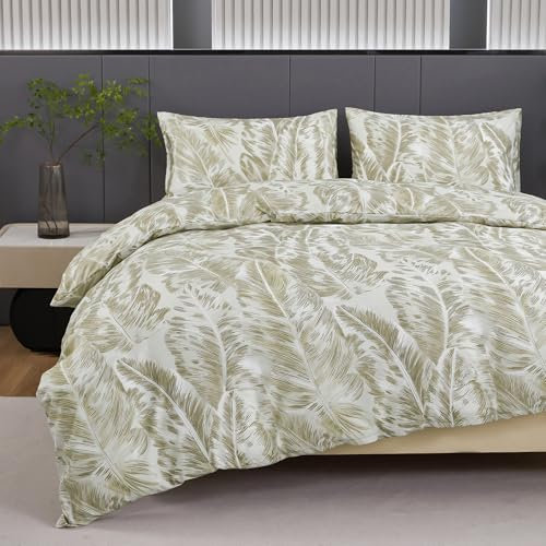 Jemiipee Housse de Couette 220x240 cm Vert Olive Clair, 2 Taie d'oreiller 65x65cm, Parure de Lit de Motif Botanique Tropical Fleurs Réversible pour 2 Personnes avec Fermeture Éclair