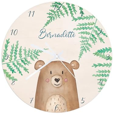 wunderwunsch® - Personalisierte Wanduhr Kinder aus Holz mit Spezial-Druck - Lautloses Uhrwerk mit Aufhängung - Babyzimmer Deko Kinderzimmer (Bär)
