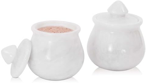 Marble Salt Cellar with Lid 3.5 Inch White Handcrafted Container Set of 2, Decorative Salt and Pepper Bowl for Kitchen Countertop, Spices, Sugar, Herbs & Seasoning Storage